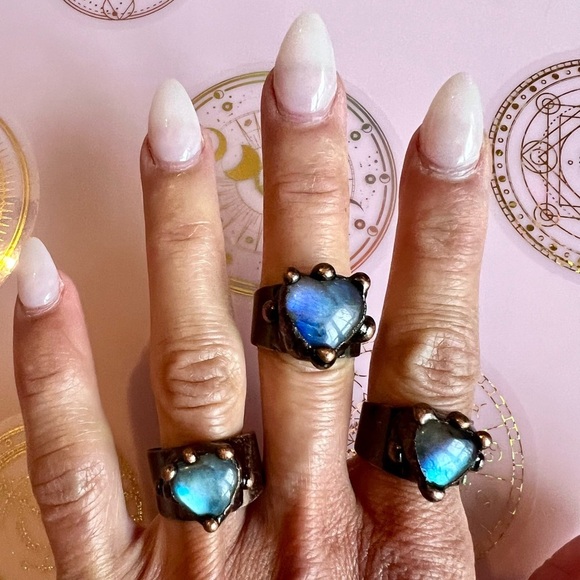 FLASH Labradorite HEART ❤️ Electroplated Ring Adjustable 6 7 8 - Picture 9 of 15